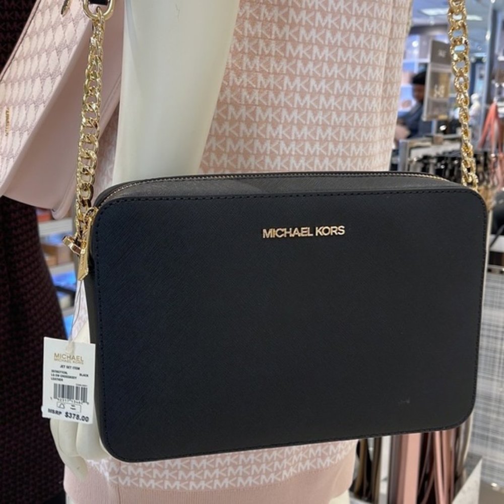 Michael Kors Jet Set Item Large East West Zip Crossbody Leather Black